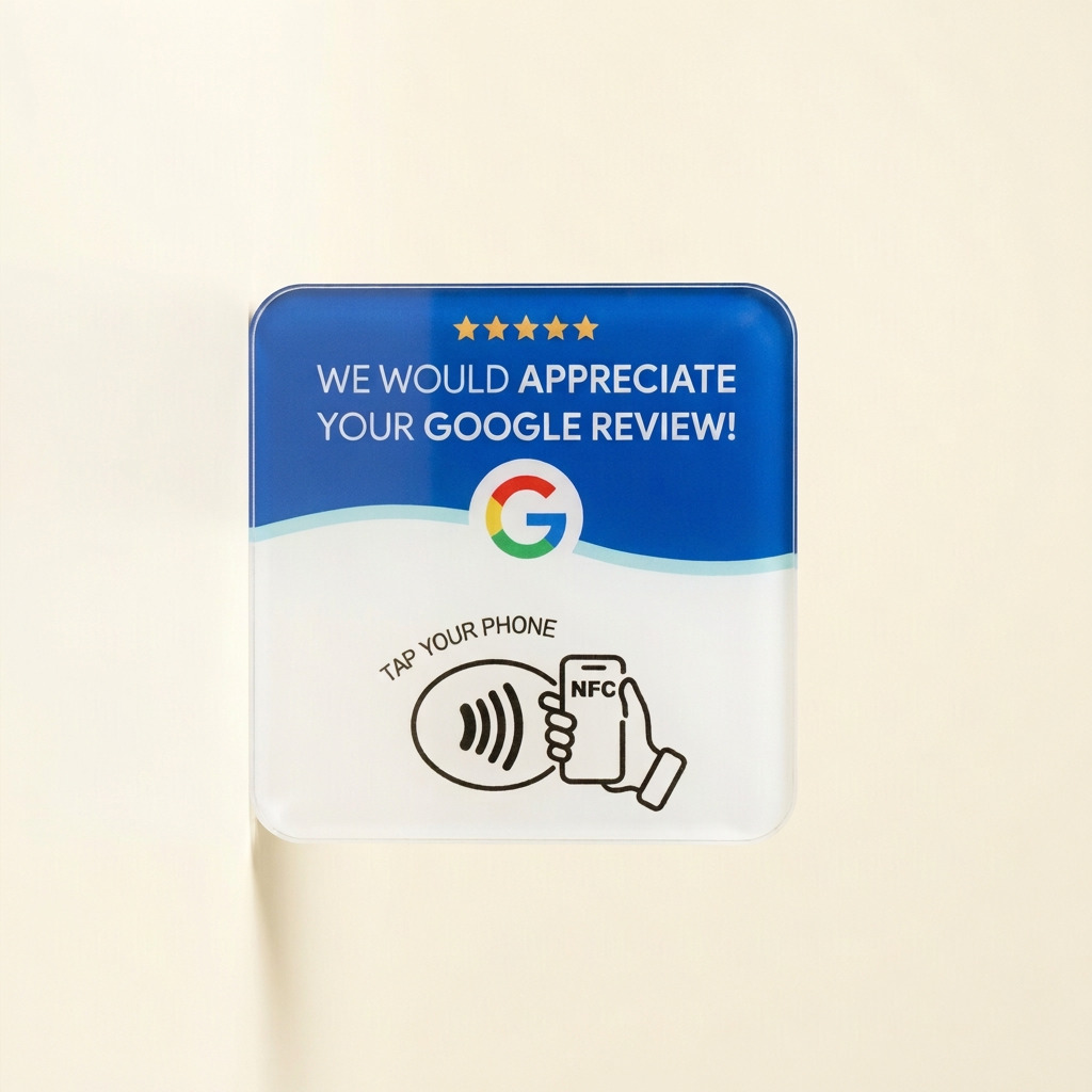 Tap & Review NFC Google review plaque standing upright